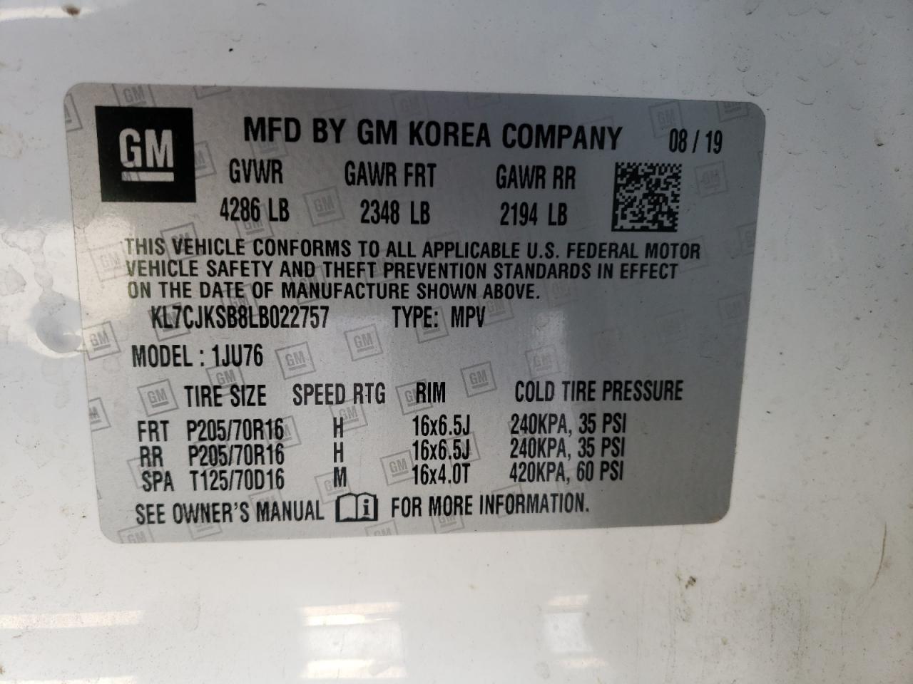 Photo 10 from auction – 2020 CHEVROLET TRAX LS with VIN KL7CJKSB8LB022757