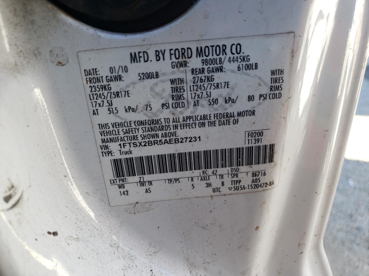 Photo 10 from auction – 2010 FORD F250 SUPER with VIN 1FTSX2BR5AEB27231