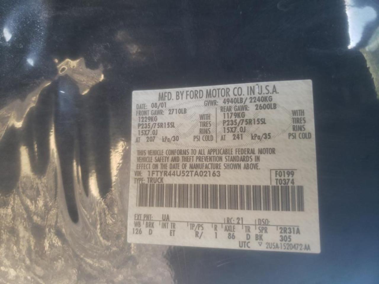 Photo 10 from auction – 2002 FORD RANGER SUP with VIN 1FTYR44U52TA02163