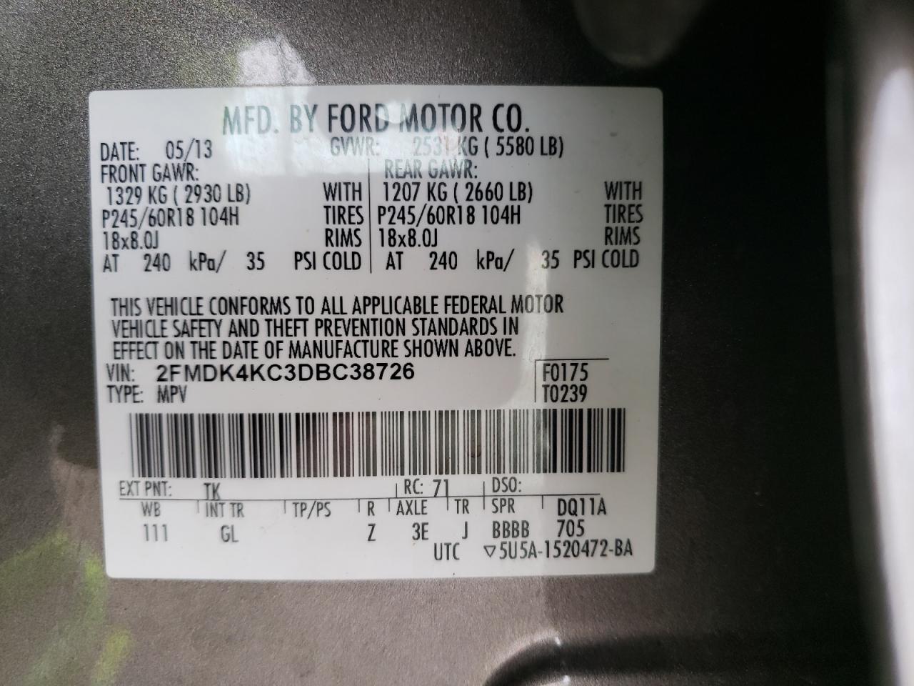 Photo 10 from auction – 2013 FORD EDGE LIMIT with VIN 2FMDK4KC3DBC38726