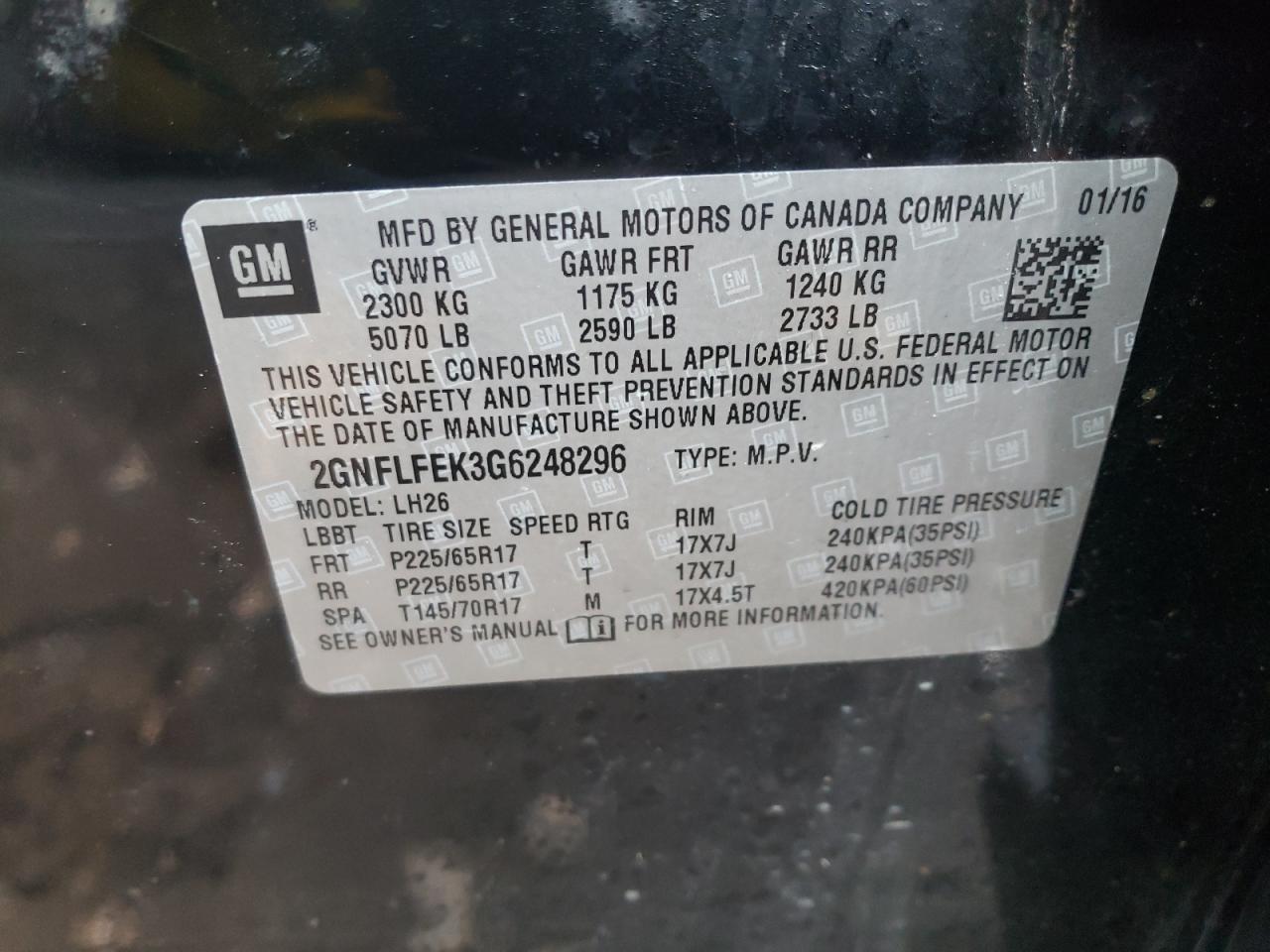 Photo 10 from auction – 2016 CHEVROLET EQUINOX LT with VIN 2GNFLFEK3G6248296