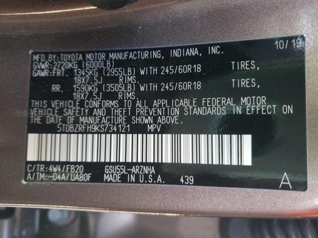 Photo 10 from auction – 2019 TOYOTA HIGHLANDER with VIN 5TDBZRFH9KS734121