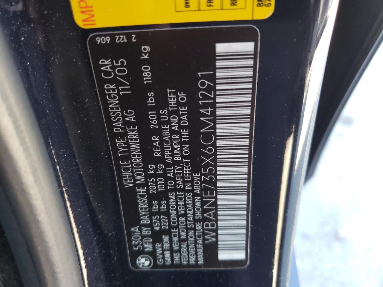 Photo 10 from auction – 2006 BMW 530 I with VIN WBANE735X6CM41291