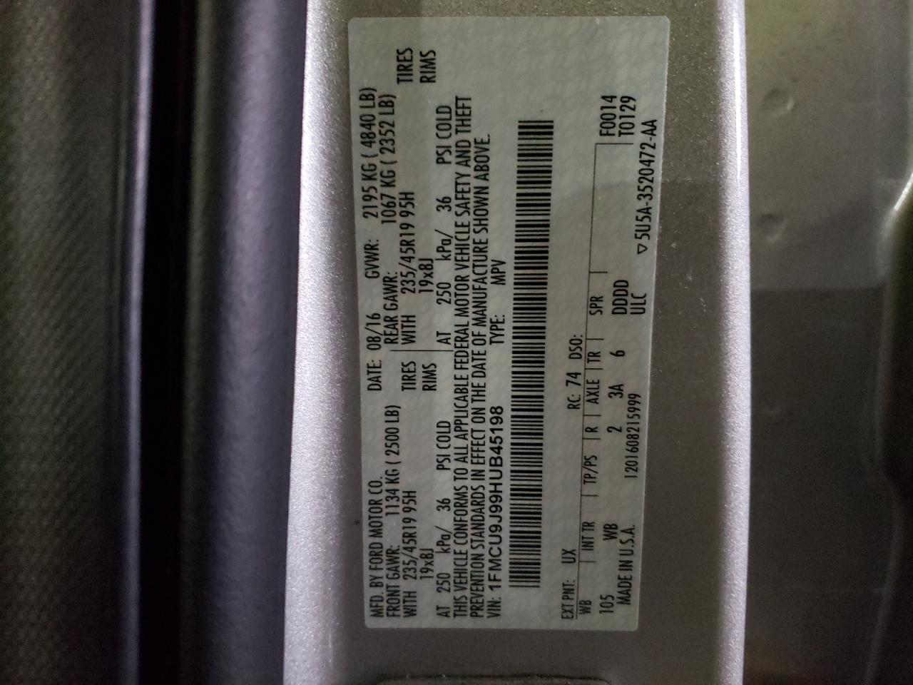 Photo 10 from auction – 2017 FORD ESCAPE TIT with VIN 1FMCU9J99HUB45198