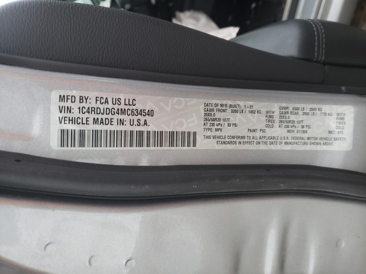 Photo 10 from auction – 2021 DODGE DURANGO GT with VIN 1C4RDJDG4MC634540