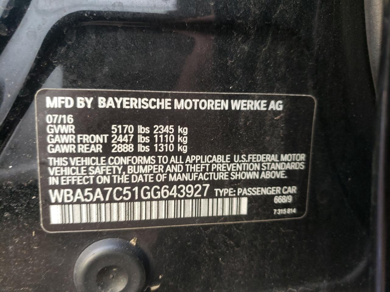 Photo 10 from auction – 2016 BMW 528 XI with VIN WBA5A7C51GG643927