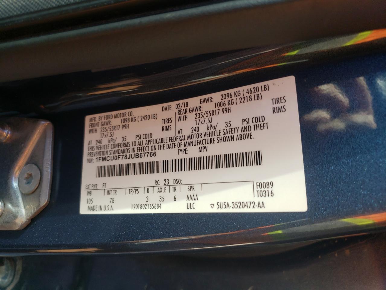 Photo 10 from auction – 2018 FORD ESCAPE S with VIN 1FMCU0F78JUB67766