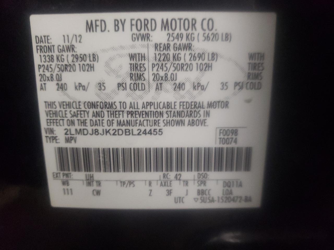 Photo 10 from auction – 2013 LINCOLN MKX with VIN 2LMDJ8JK2DBL24455