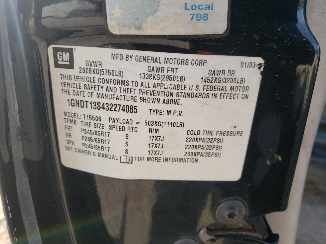 Photo 10 from auction – 2003 CHEVROLET TRAILBLAZE with VIN 1GNDT13S432274085