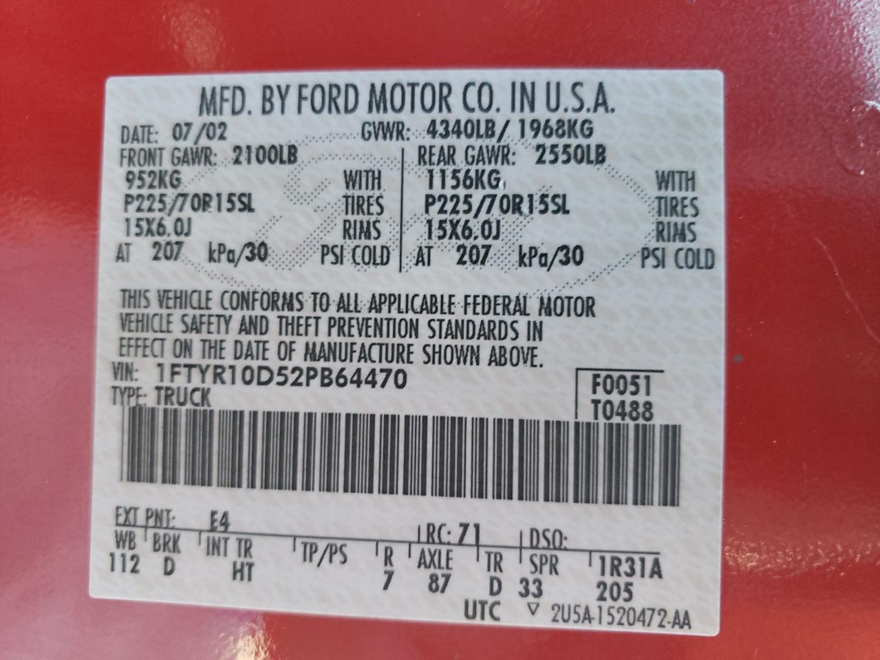 Photo 10 from auction – 2002 FORD RANGER with VIN 1FTYR10D52PB64470