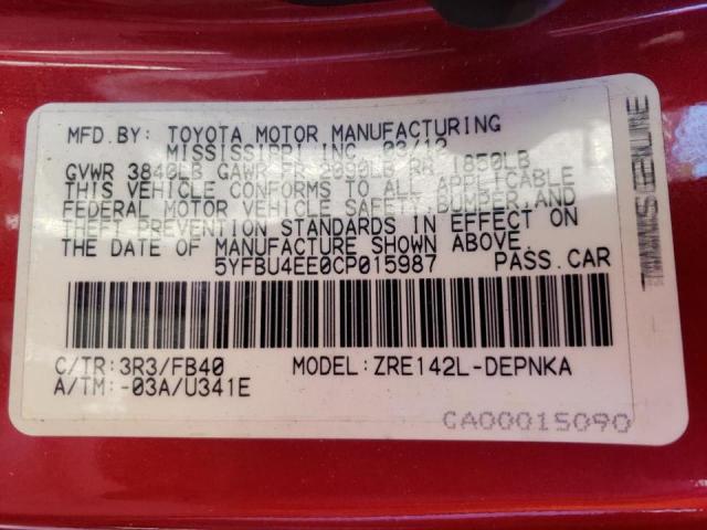 Photo 10 from auction – 2012 TOYOTA COROLLA BA with VIN 5YFBU4EE0CP015987