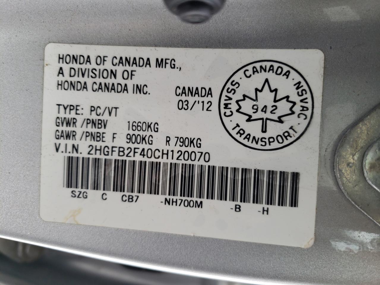 Photo 10 from auction – 2012 HONDA CIVIC LX with VIN 2HGFB2F40CH120070
