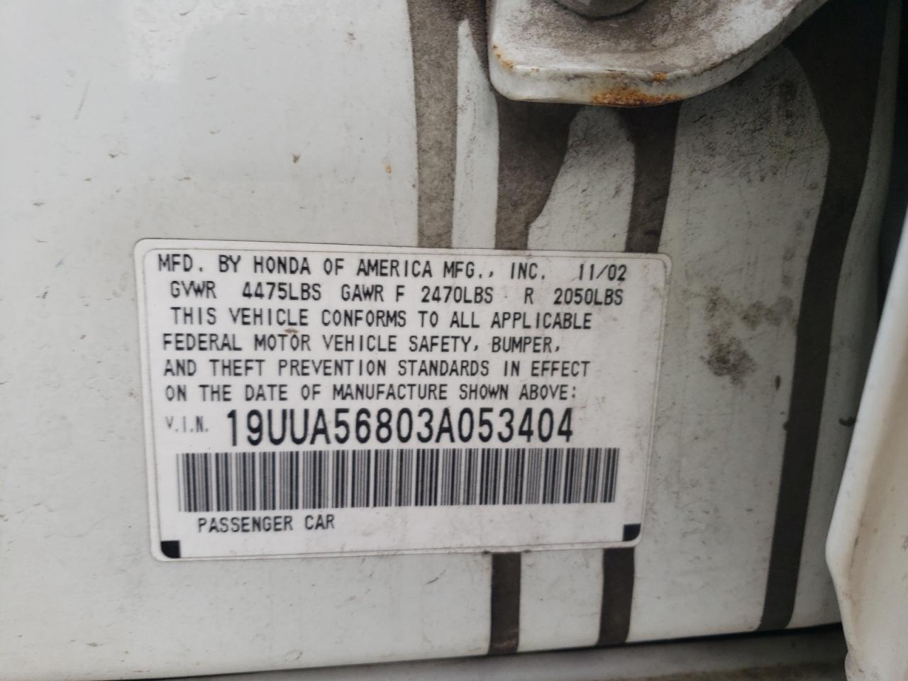 Photo 10 from auction – 2003 ACURA 3.2TL TYPE with VIN 19UUA56803A053404