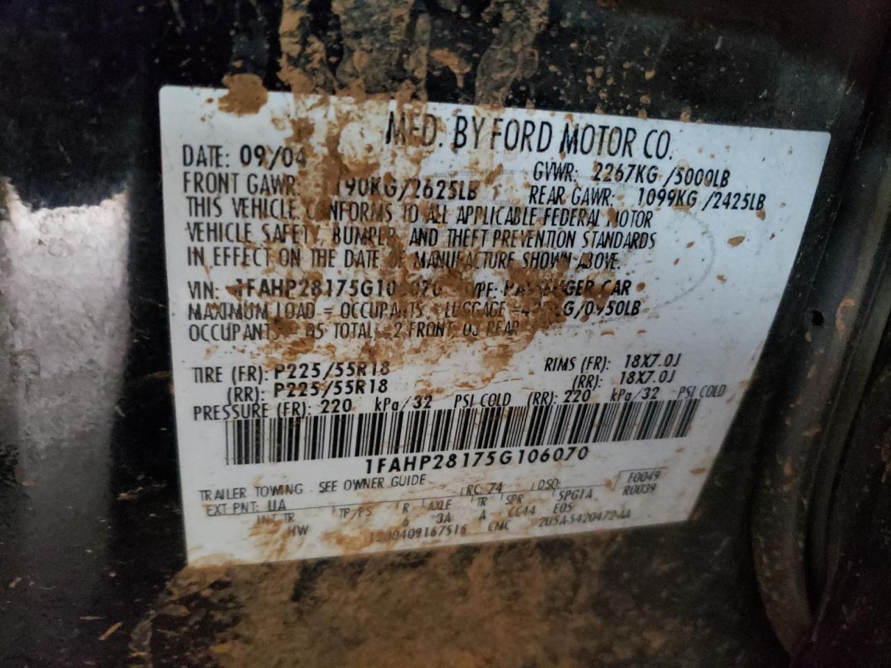 Photo 10 from auction – 2005 FORD FIVE HUNDR with VIN 1FAHP28175G106070