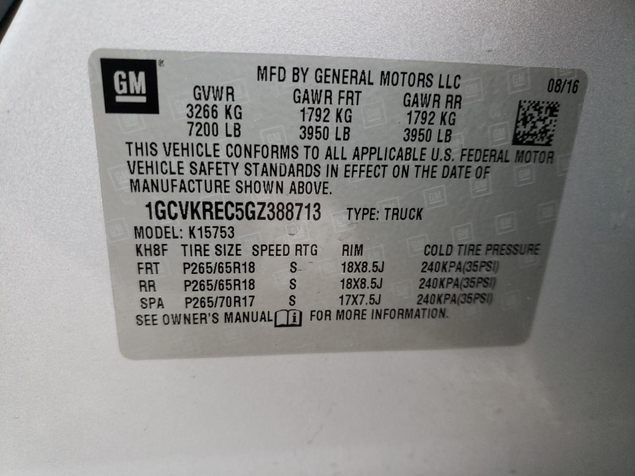 Photo 10 from auction – 2016 CHEVROLET SILVERADO with VIN 1GCVKREC5GZ388713