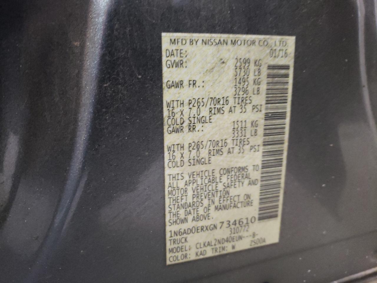 Photo 10 from auction – 2016 NISSAN FRONTIER S with VIN 1N6AD0ERXGN734610