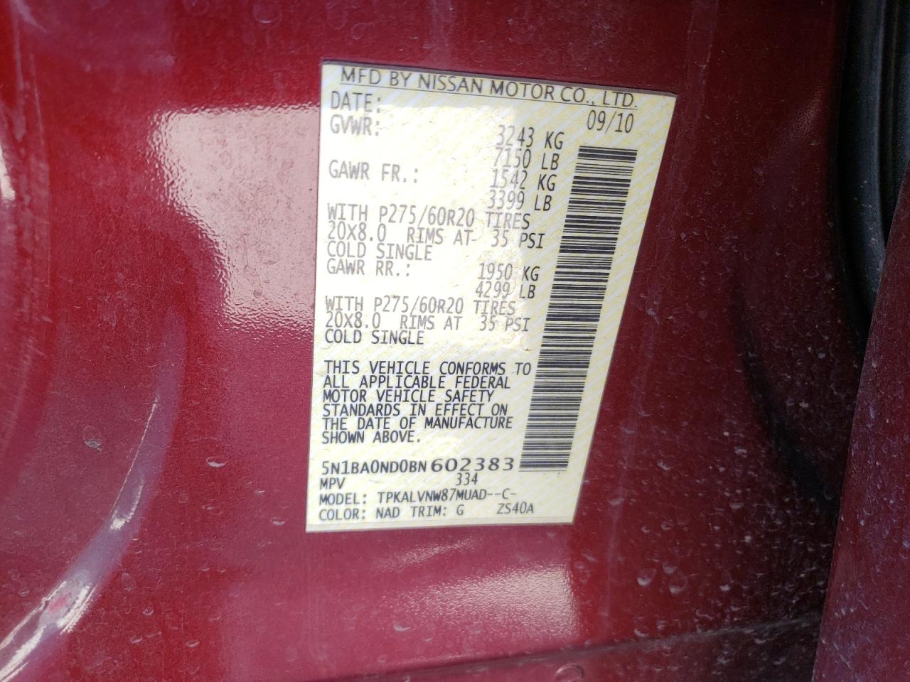 Photo 10 from auction – 2011 NISSAN ARMADA SV with VIN 5N1BA0ND0BN602383
