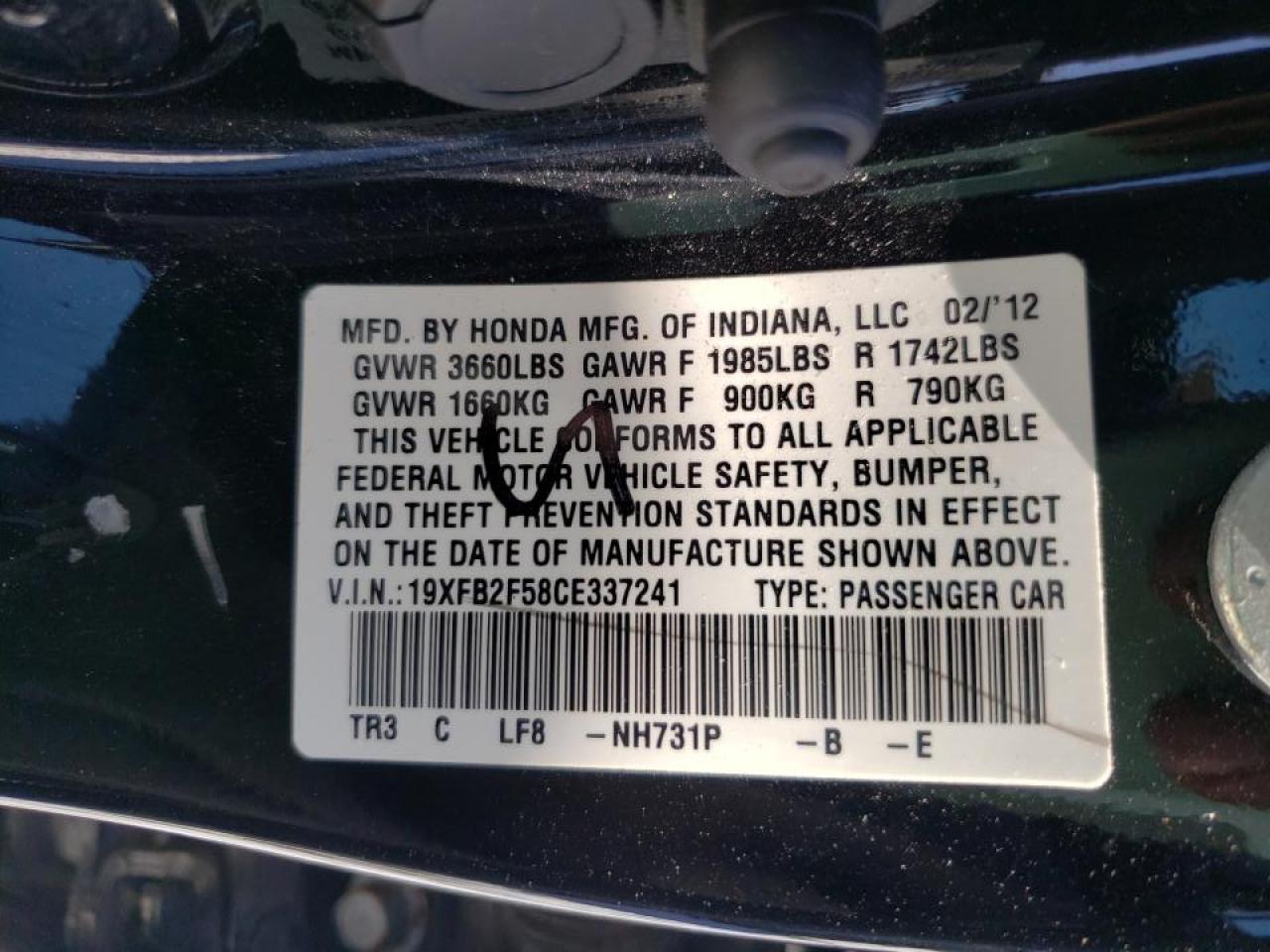Photo 10 from auction – 2012 HONDA CIVIC LX with VIN 19XFB2F58CE337241