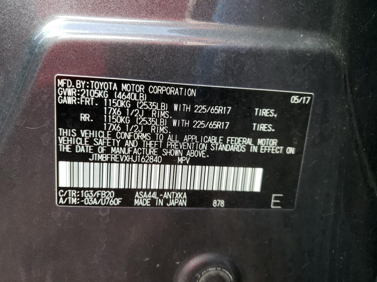 Photo 10 from auction – 2017 TOYOTA RAV4 LE with VIN JTMBFREVXHJ162840