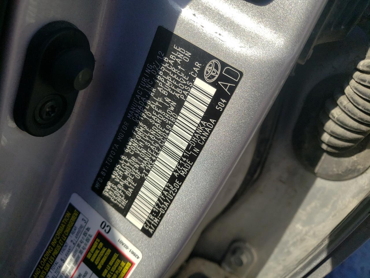Photo 10 from auction – 2012 TOYOTA COROLLA MA with VIN 2T1KE4EE7CC049180