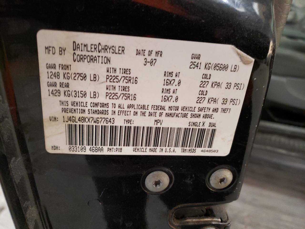 Photo 10 from auction – 2007 JEEP LIBERTY SP with VIN 1J4GL48KX7W677643