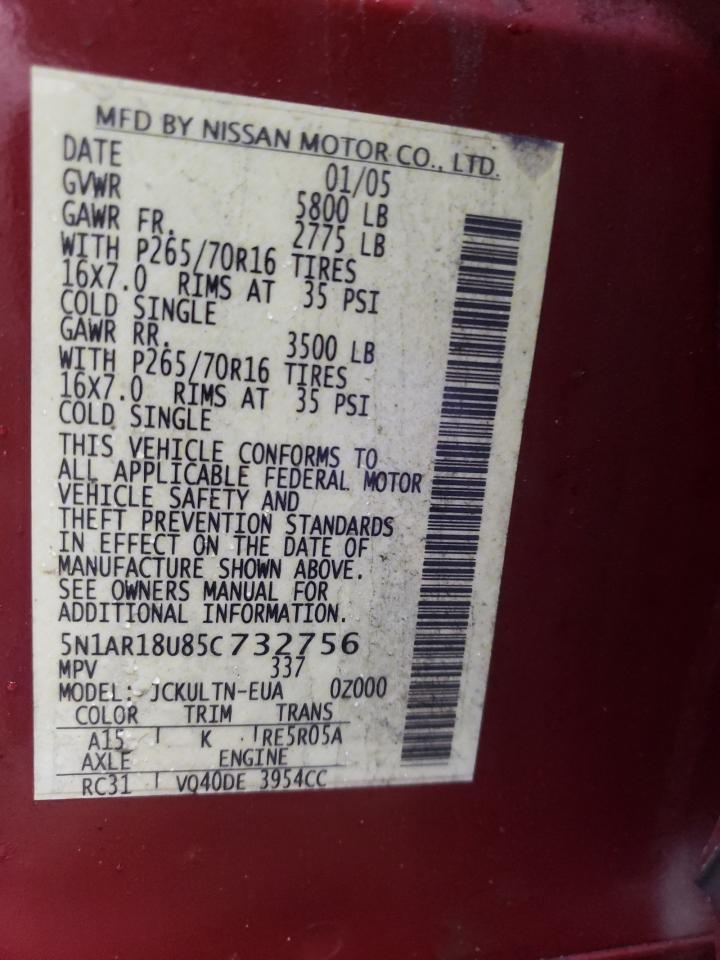 Photo 10 from auction – 2005 NISSAN PATHFINDER with VIN 5N1AR18U85C732756