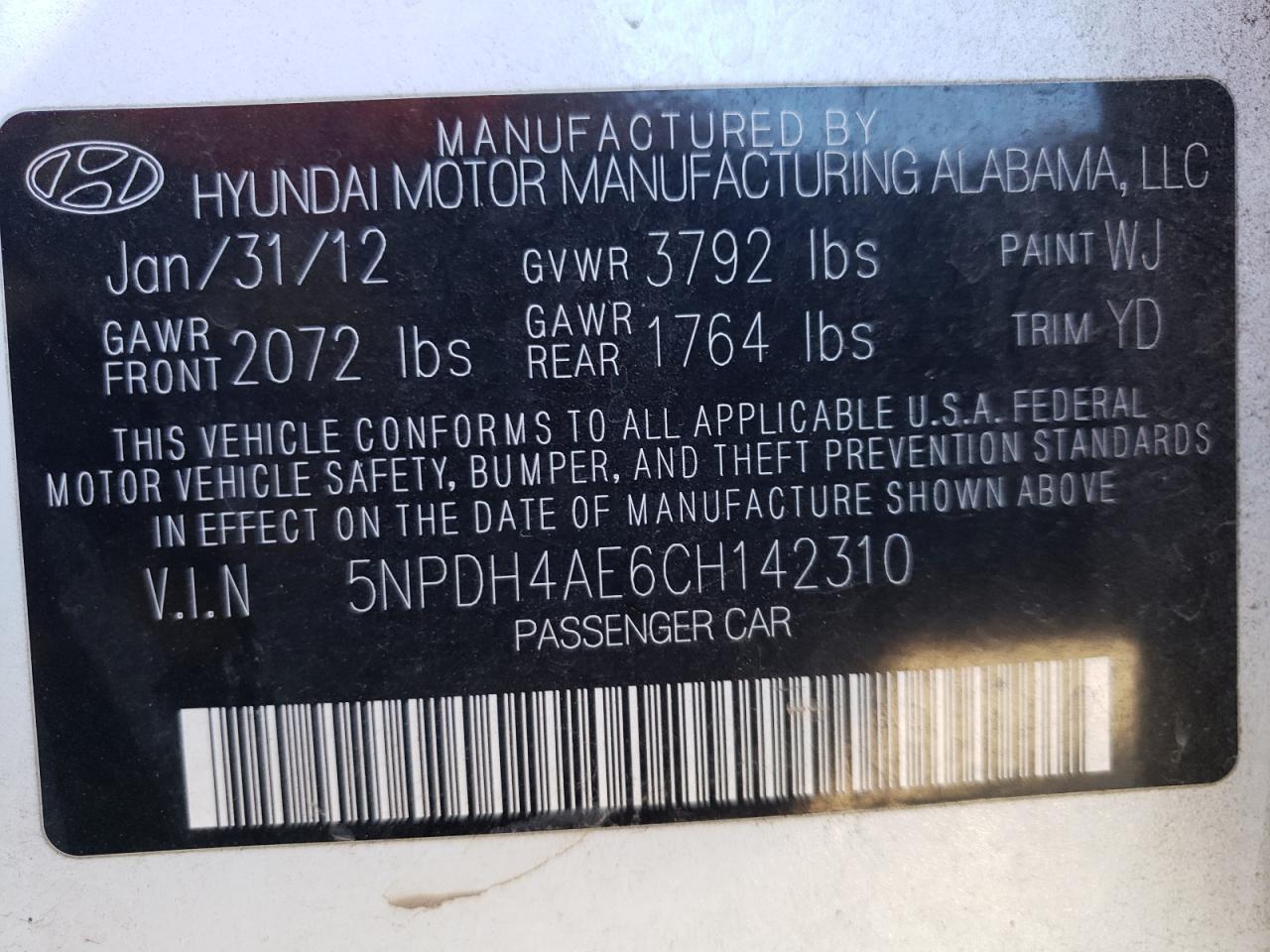Photo 10 from auction – 2012 HYUNDAI ELANTRA GL with VIN 5NPDH4AE6CH142310
