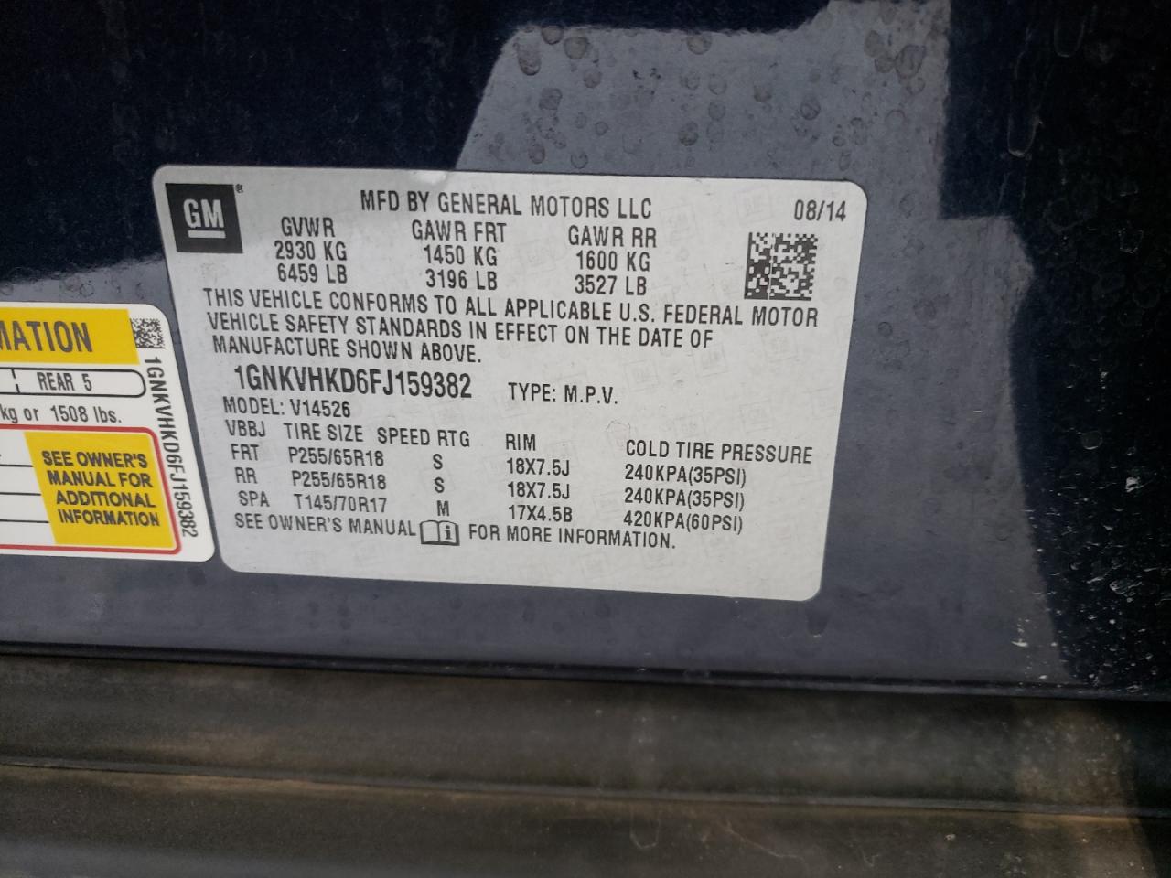 Photo 10 from auction – 2015 CHEVROLET TRAVERSE L with VIN 1GNKVHKD6FJ159382