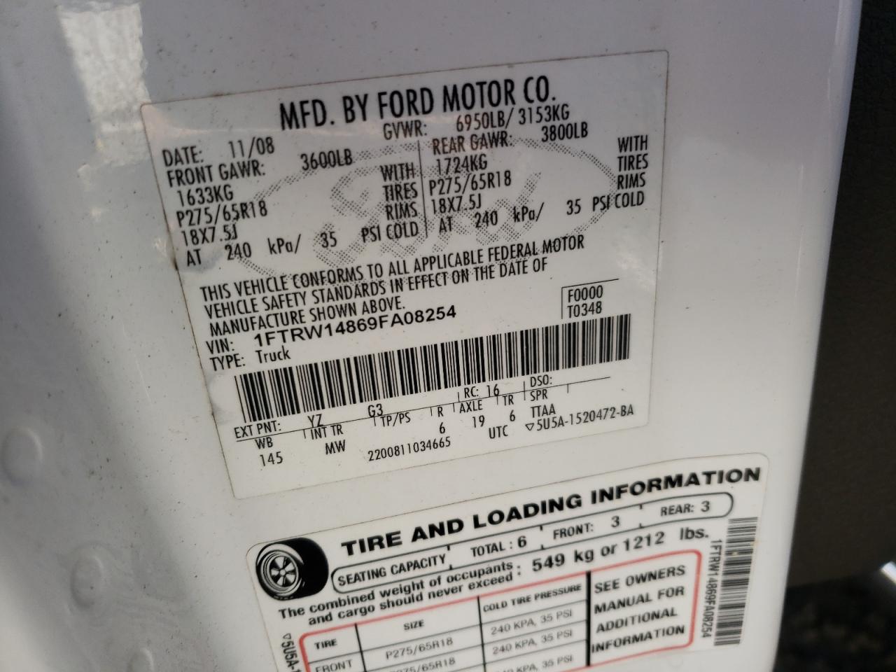 Foto 10 de la subasta – 2009 FORD F150 con VIN 1FTRW14869FA08254