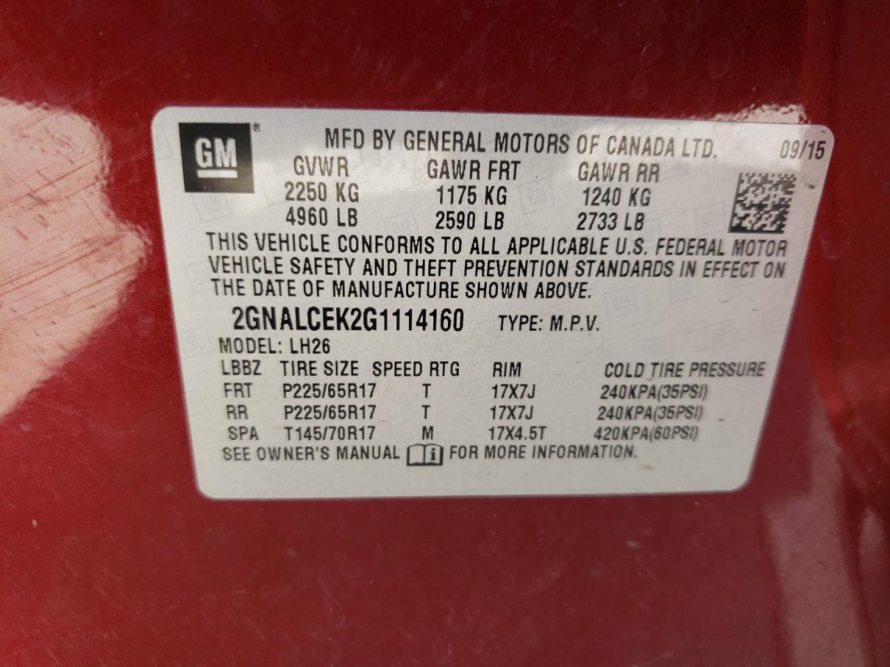 Photo 10 from auction – 2016 CHEVROLET EQUINOX LT with VIN 2GNALCEK2G1114160