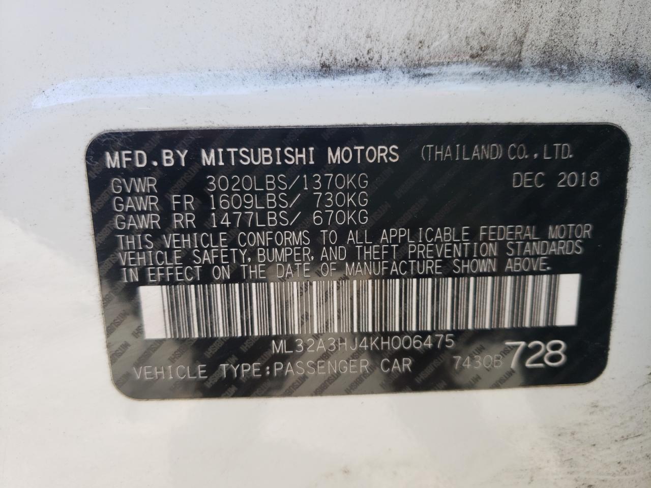 Photo 10 from auction – 2019 MITSUBISHI MIRAGE ES with VIN ML32A3HJ4KH006475