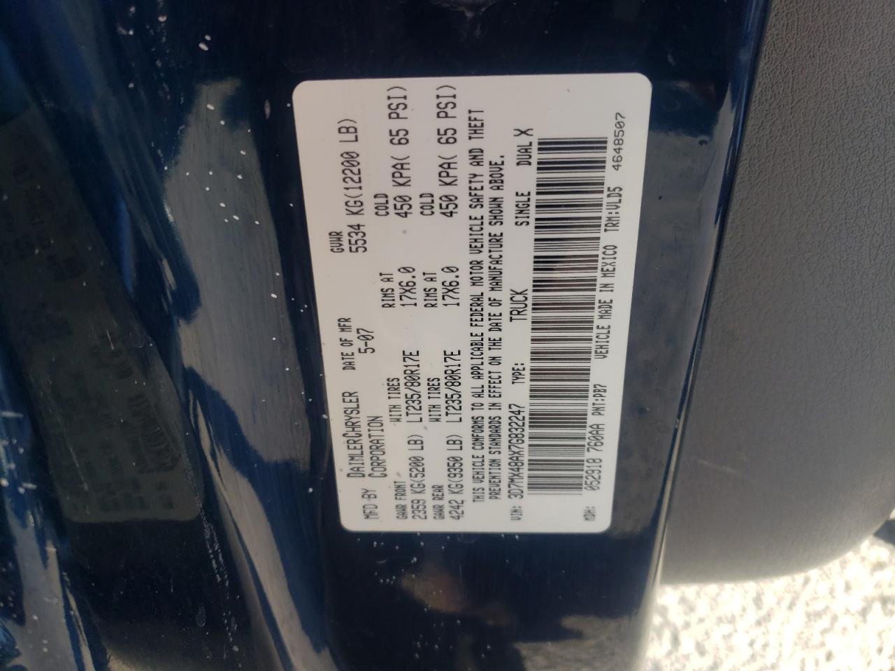 Photo 10 from auction – 2007 DODGE RAM 3500 S with VIN 3D7MX48AX7G832247
