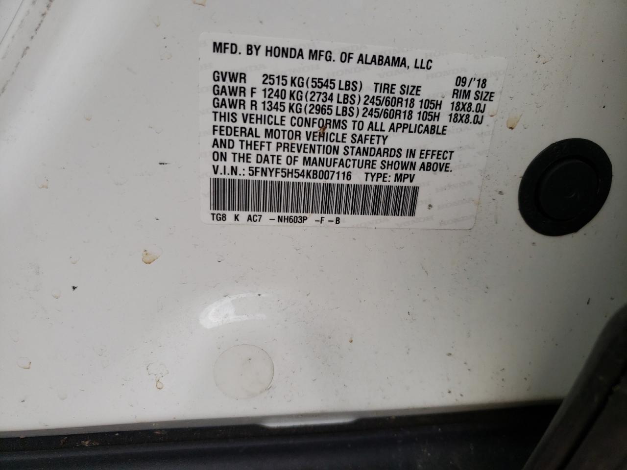 Photo 10 from auction – 2019 HONDA PILOT EXL with VIN 5FNYF5H54KB007116