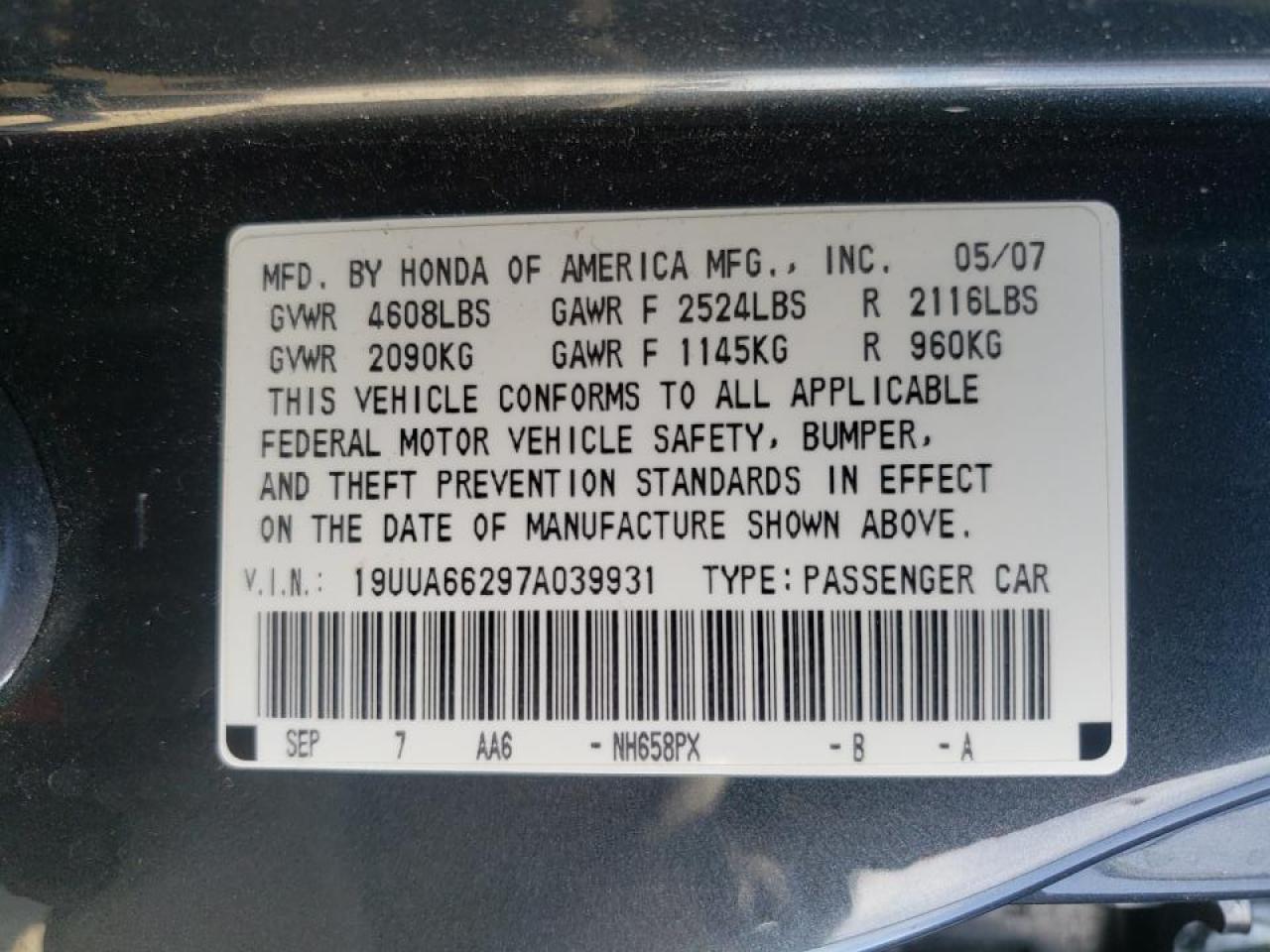 Photo 10 from auction – 2007 ACURA TL with VIN 19UUA66297A039931