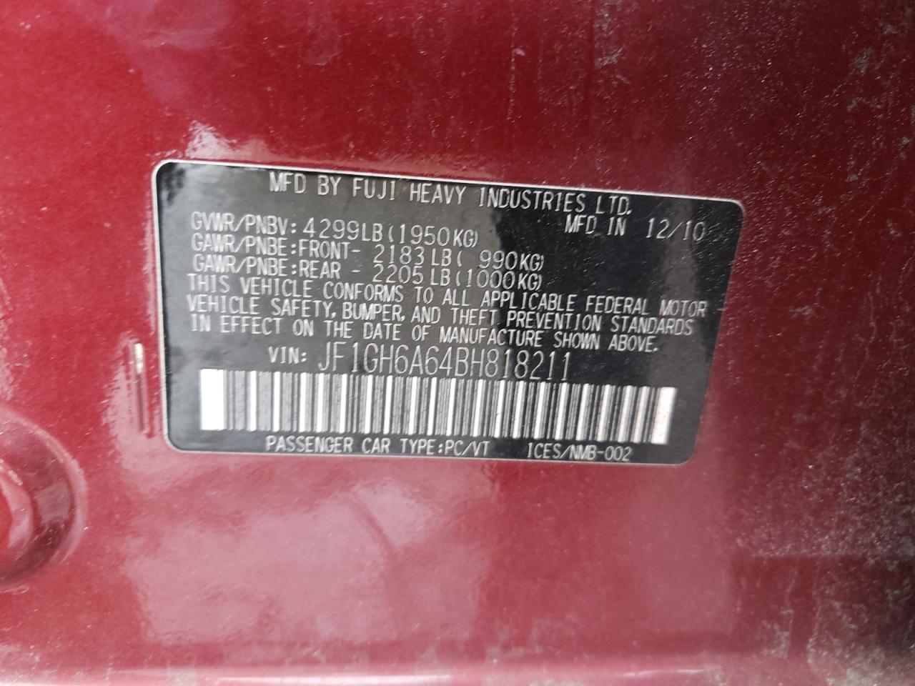 Photo 10 from auction – 2011 SUBARU IMPREZA 2. with VIN JF1GH6A64BH818211