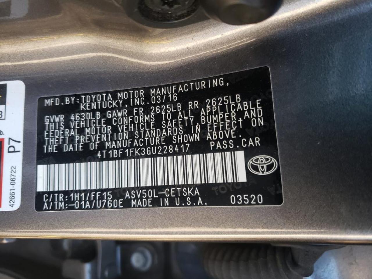 Photo 10 from auction – 2016 TOYOTA CAMRY LE with VIN 4T1BF1FK3GU228417