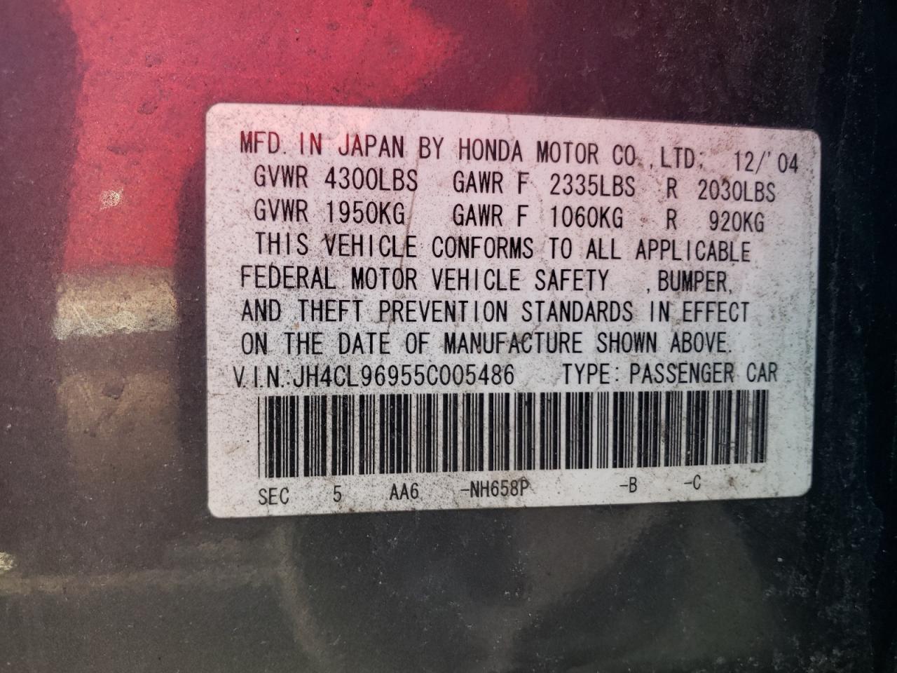 Photo 10 from auction – 2005 ACURA TSX with VIN JH4CL96955C005486
