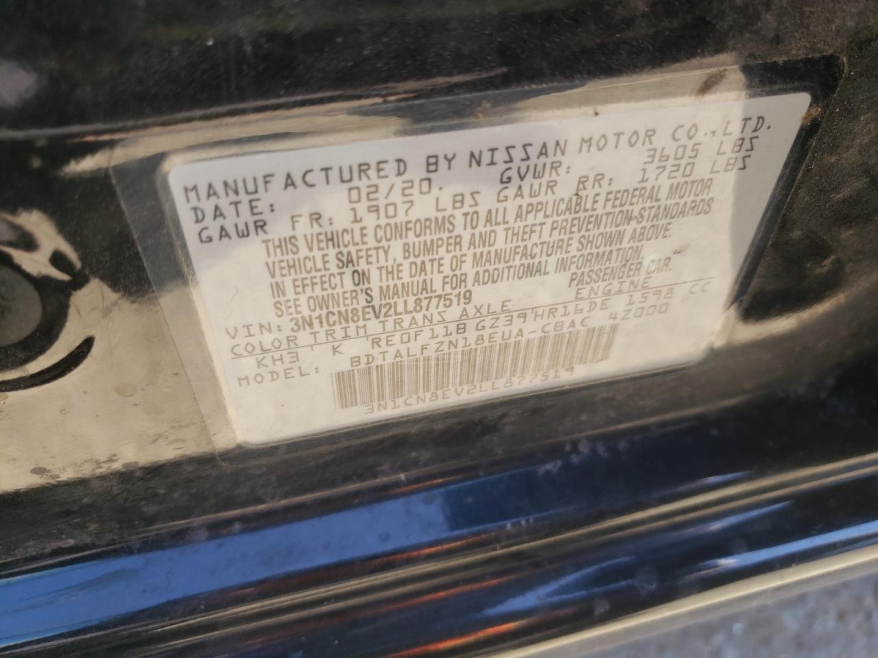 Photo 10 from auction – 2020 NISSAN VERSA SV with VIN 3N1CN8EV2LL877519