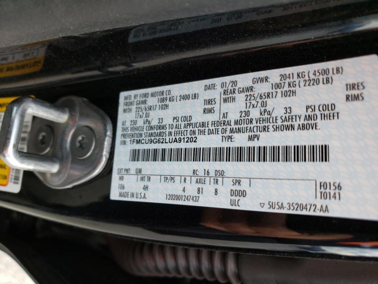 Photo 10 from auction – 2020 FORD ESCAPE SE with VIN 1FMCU9G62LUA91202