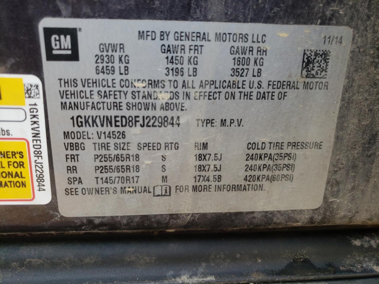 Photo 10 from auction – 2015 GMC ACADIA SLE with VIN 1GKKVNED8FJ229844