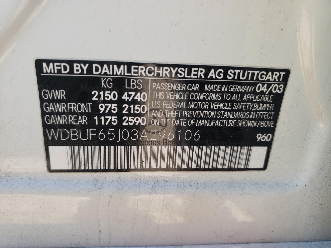 Photo 10 from auction – 2003 MERCEDES-BENZ E 320 with VIN WDBUF65J03A296106