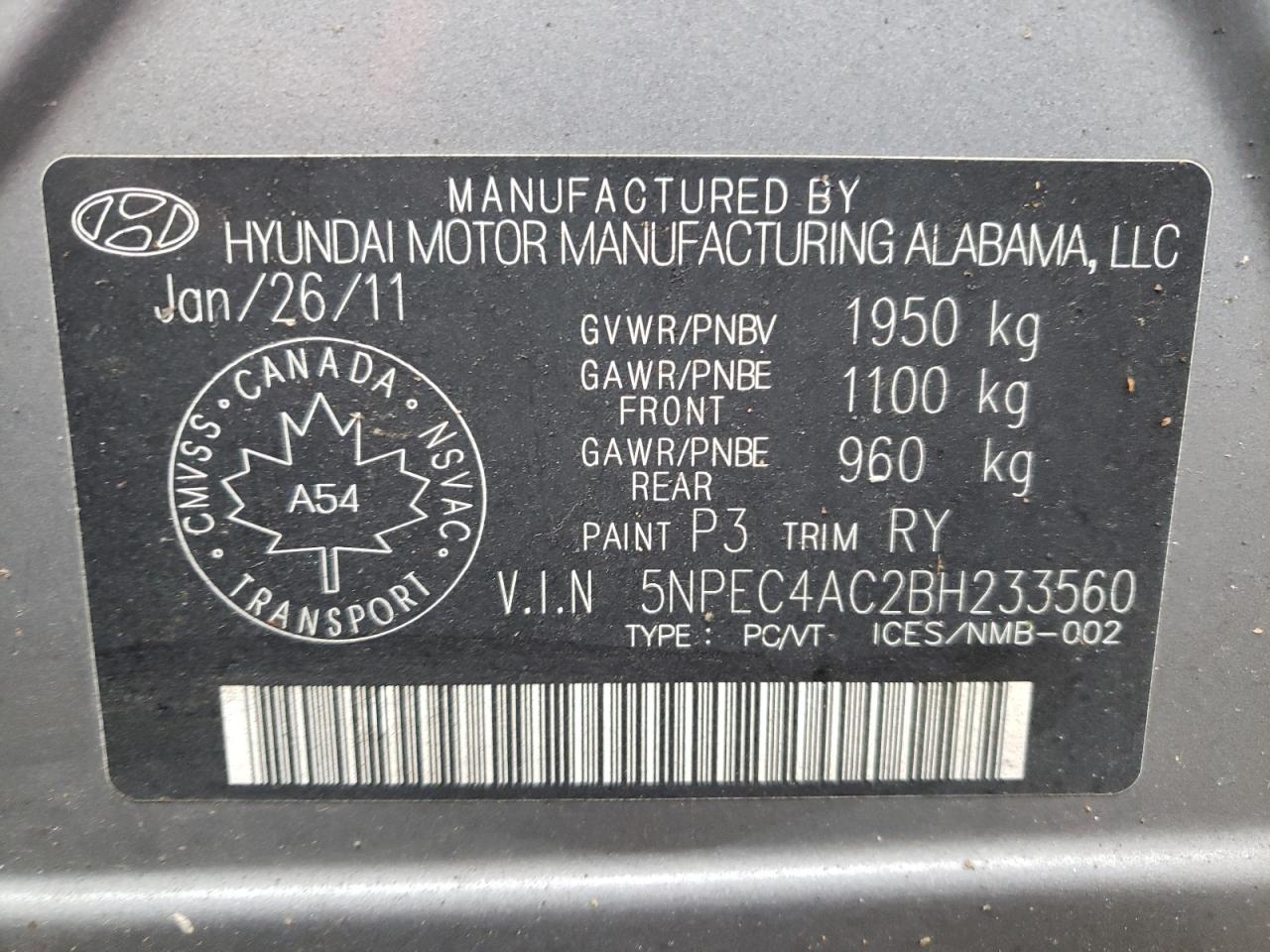 Photo 10 from auction – 2011 HYUNDAI SONATA SE with VIN 5NPEC4AC2BH233560