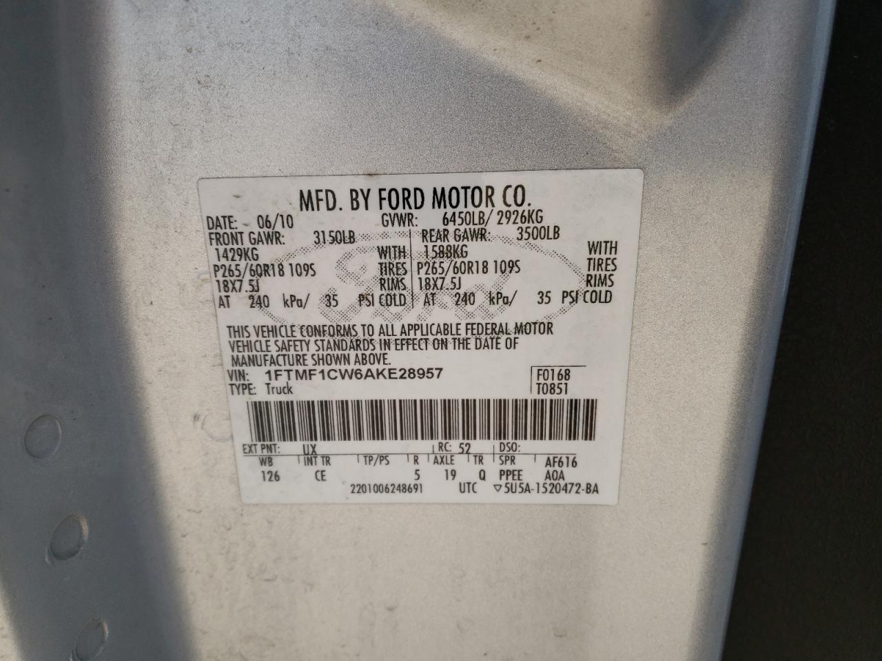 Photo 10 from auction – 2010 FORD F150 with VIN 1FTMF1CW6AKE28957