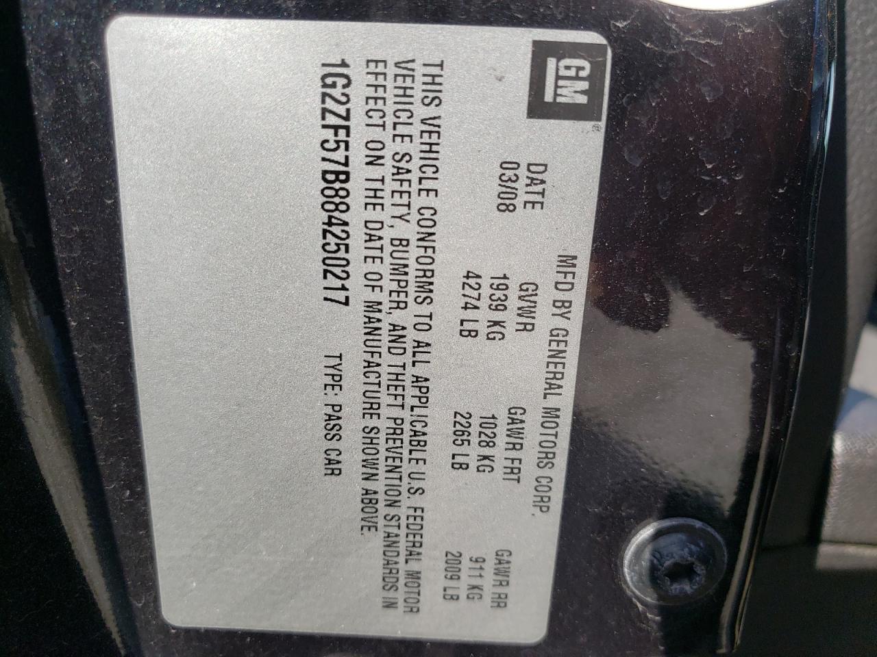 Photo 10 from auction – 2008 PONTIAC G6 VALUE L with VIN 1G2ZF57B884250217