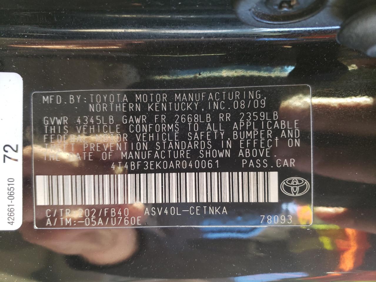 Photo 10 from auction – 2010 TOYOTA CAMRY BASE with VIN 4T4BF3EK0AR040061
