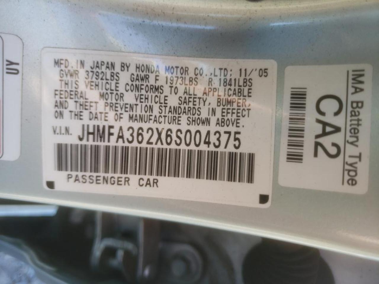 Photo 10 from auction – 2006 HONDA CIVIC HYBR with VIN JHMFA362X6S004375