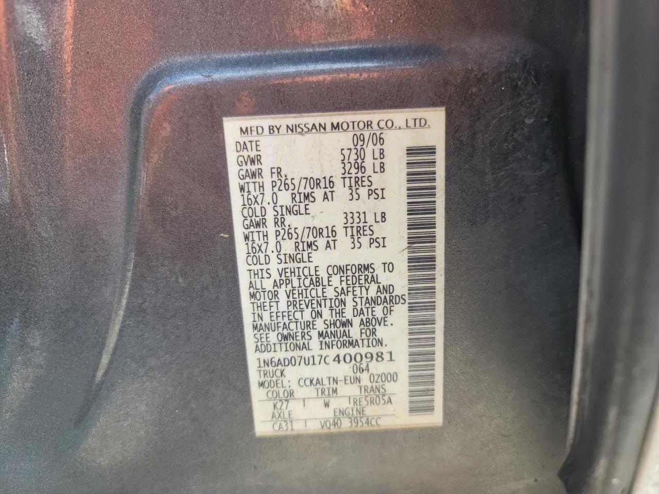 Photo 10 from auction – 2007 NISSAN FRONTIER C with VIN 1N6AD07U17C400981