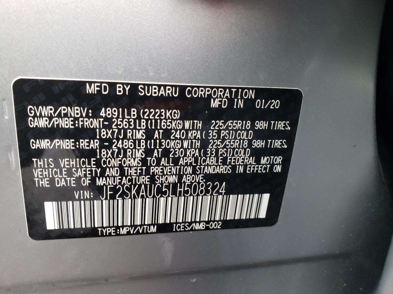 Photo 10 from auction – 2020 SUBARU FORESTER L with VIN JF2SKAUC5LH508324