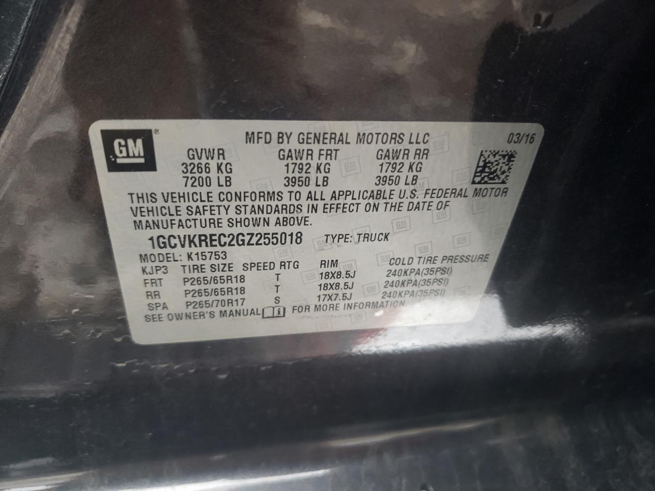 Photo 10 from auction – 2016 CHEVROLET SILVERADO with VIN 1GCVKREC2GZ255018