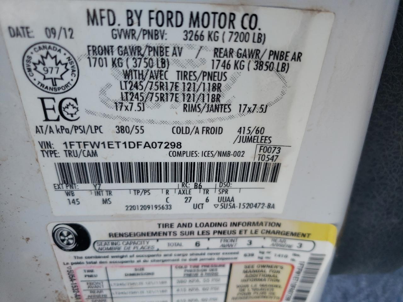 Photo 10 from auction – 2013 FORD F150 SUPER with VIN 1FTFW1ET1DFA07298